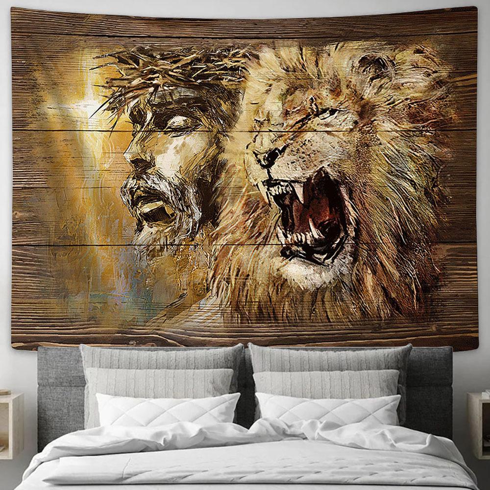 Angry Lion Stunning Jesus Face Tapestry Wall Art - Bible Verse Tapestry - Religious Tapestry Wall Hanging