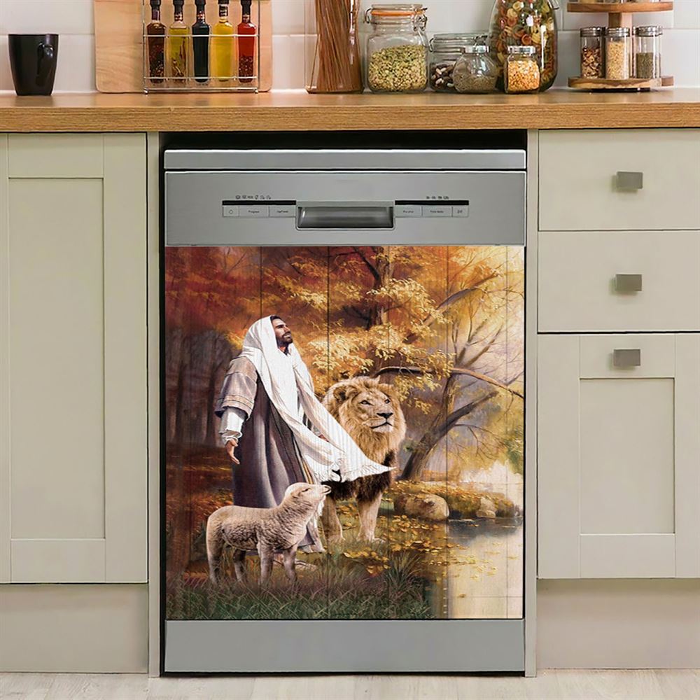 Animal Of God Stunning Lion White Lamb Autumn Forest Dishwasher Cover, Christian Dishwasher Magnet Cover