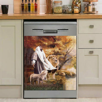 Animal Of God Stunning Lion White Lamb Autumn Forest Dishwasher Cover, Christian Dishwasher Magnet Cover
