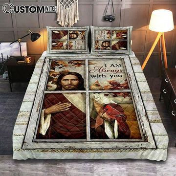 Autumn Season Cardinals Quilt Bedding Set - I Am Always With You Quilt Bedding Set Bedroom - Christian Quilt Bedding Set Prints - Bible Verse Quilt Bedding Set Art