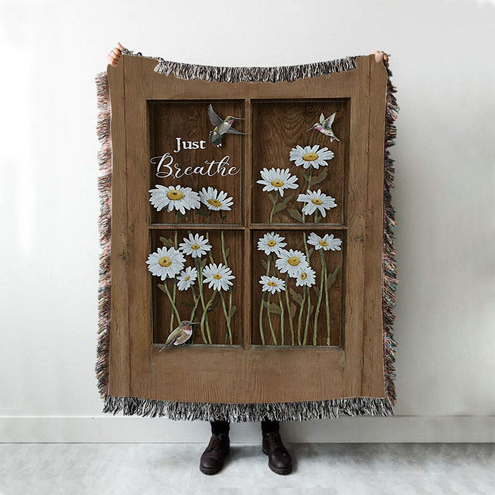 Baby Daisy Flower Hummingbird Just Breathe Woven Throw Blanket - Christian Woven Blanket Prints - Bible Verse Woven Blanket Art