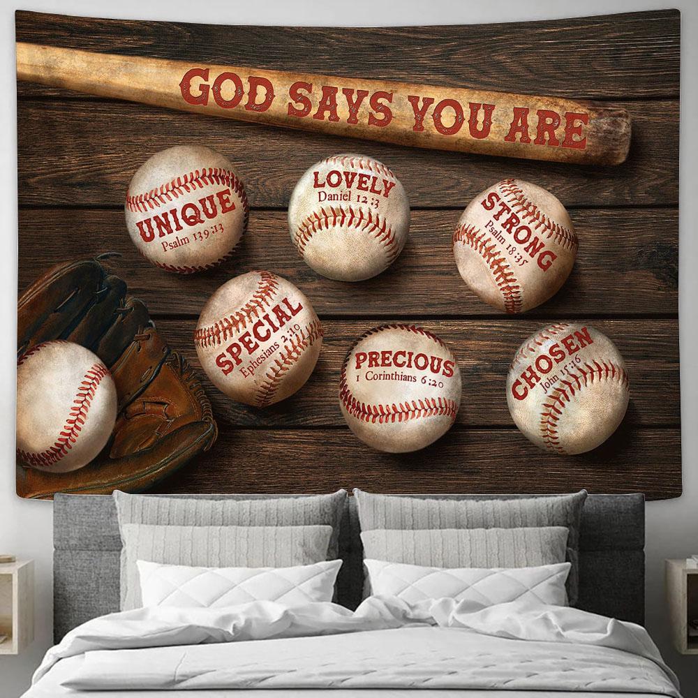 Baseball God Says You Are Tapestry Wall Art - Bible Verse Tapestry - Religious Tapestry Wall Hanging