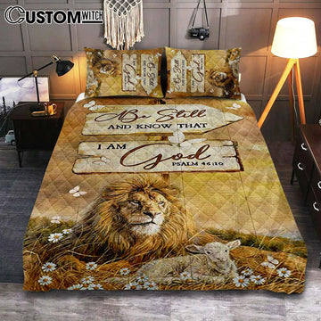 Be Still And Know That I Am God Lion Wooden Sign Quilt Bedding Set Art - Bible Verse Bedroom