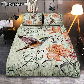 Be Still I Am God Hummingbird Orange Lily Quilt Bedding Set Art - Bible Verse Bedroom