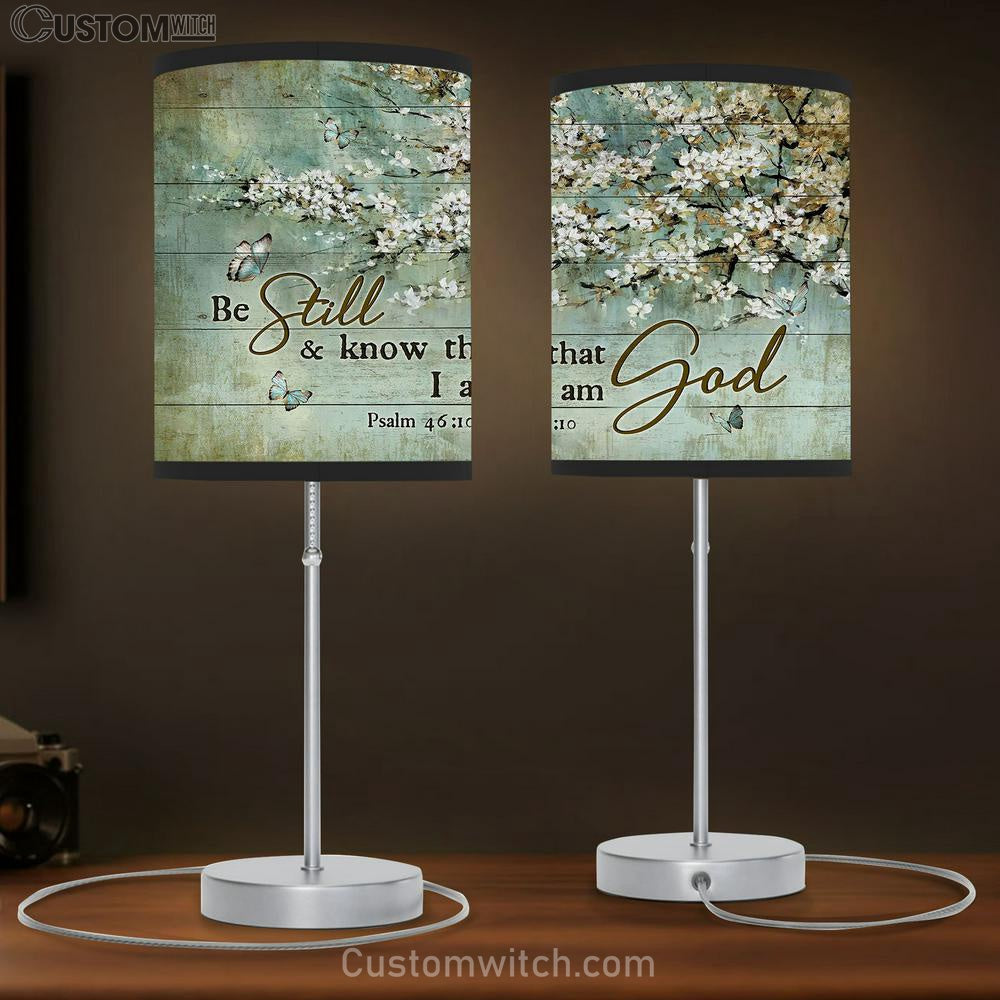 Be Still And Know That I Am God Blue Butterfly White Flowers Large Table Lamp - Christian Lamp Gift - Bible Verse Table Lamp Art