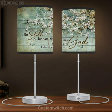 Be Still And Know That I Am God Blue Butterfly White Flowers Large Table Lamp - Christian Lamp Gift - Bible Verse Table Lamp Art