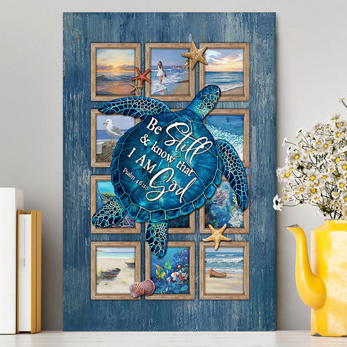 Be Still And Know That I Am God Blue Sea Turtle Starfish Canvas Wall Art - Bible Verse Canvas Art - Inspirational Art - Christian Home Decor
