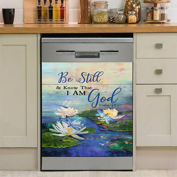 Be Still And Know That I Am God Lotus Dragonfly Dishwasher Cover, Bible Verse Dishwasher Magnet Cover, Christian Inspirational Kitchen Decor