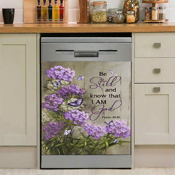 Be Still And Know That I Am God Purple Hydrangea Butterfly Dishwasher Cover, Bible Verse Dishwasher Magnet Cover, Christian Kitchen Decor