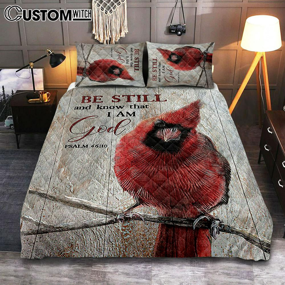 Be Still And Know That I Am God Red Cardinal Quilt Bedding Set Bedroom - Christian Quilt Bedding Set Prints - Bible Verse Quilt Bedding Set Art