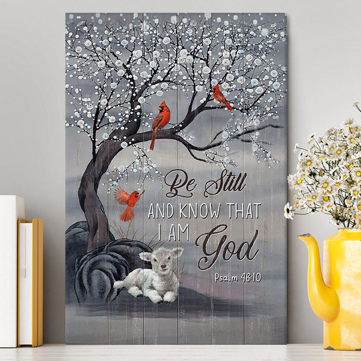 Be Still And Know That I Am God Red Cardinal White Lamb Canvas Art - Bible Verse Wall Art - Christian Inspirational Wall Decor