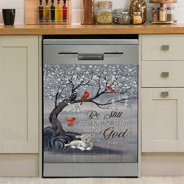 Be Still And Know That I Am God Red Cardinal White Lamb Dishwasher Cover, Bible Verse Dishwasher Magnet Cover, Christian Inspirational Kitchen Decor