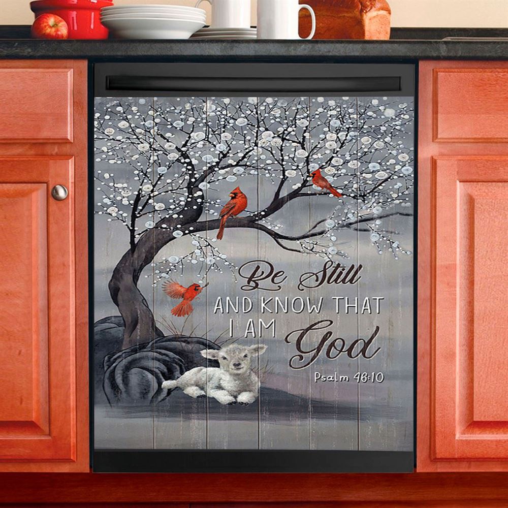 Be Still And Know That I Am God Red Cardinal White Lamb Dishwasher Cover, Bible Verse Dishwasher Magnet Cover, Christian Inspirational Kitchen Decor