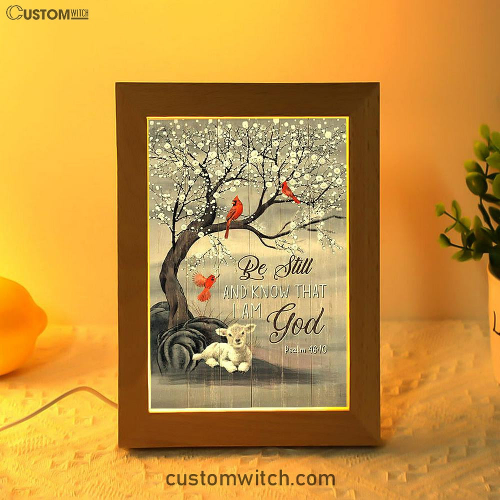 Be Still And Know That I Am God Red Cardinal White Lamb Frame Lamp Art - Bible Verse Art - Christian Inspirational Decor
