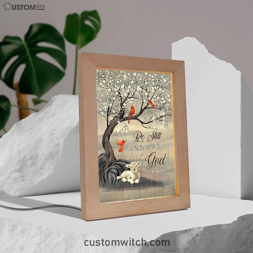 Be Still And Know That I Am God Red Cardinal White Lamb Frame Lamp Art - Bible Verse Art - Christian Inspirational Decor
