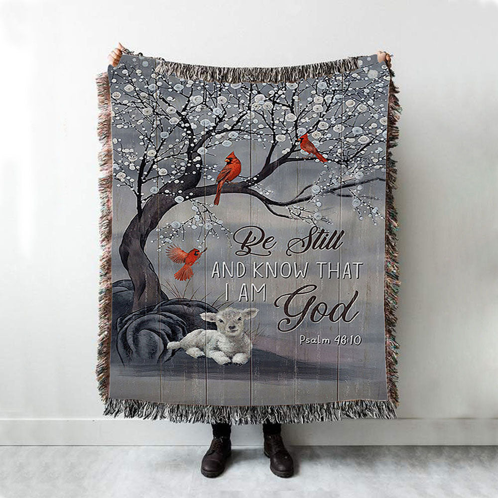 Be Still And Know That I Am God Red Cardinal White Lamb Woven Blanket Art - Bible Verse Throw Blanket - Christian Inspirational Boho Blanket