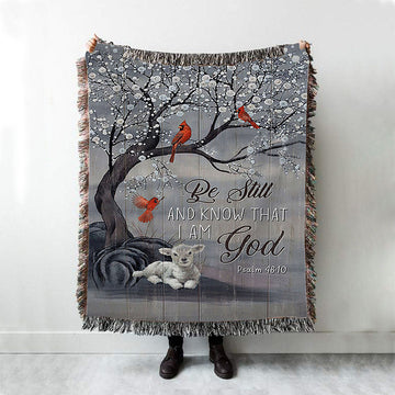 Be Still And Know That I Am God Red Cardinal White Lamb Woven Blanket Art - Bible Verse Throw Blanket - Christian Inspirational Boho Blanket