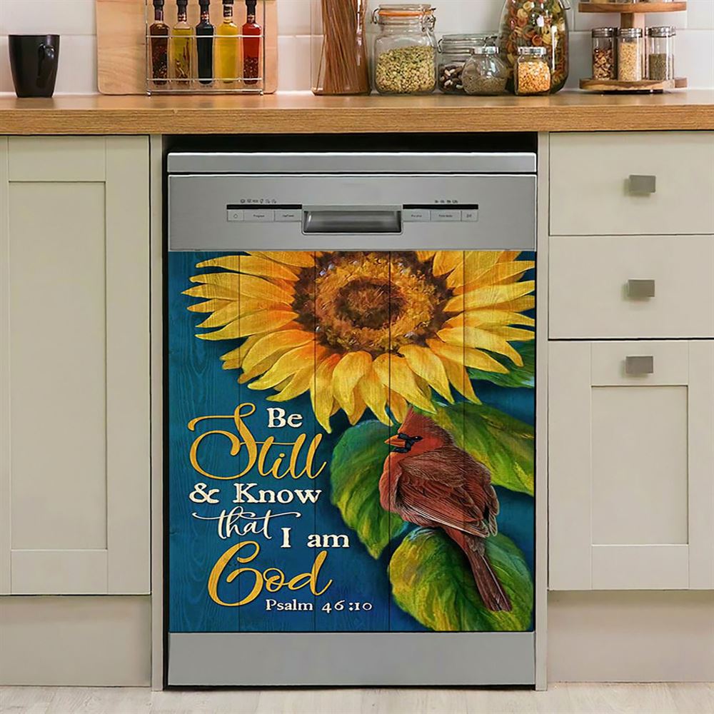 Be Still And Know That I Am God Sunflower Cardinal Dishwasher Cover, Bible Verse Dishwasher Magnet Cover, Christian Inspirational Kitchen Decor