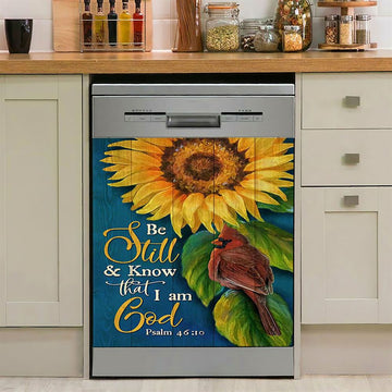 Be Still And Know That I Am God Sunflower Cardinal Dishwasher Cover, Bible Verse Dishwasher Magnet Cover, Christian Inspirational Kitchen Decor
