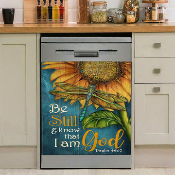 Be Still And Know That I Am God Sunflower Dragonfly Dishwasher Cover, Christian Dishwasher Magnet Cover, Bible Verse Kitchen Decor