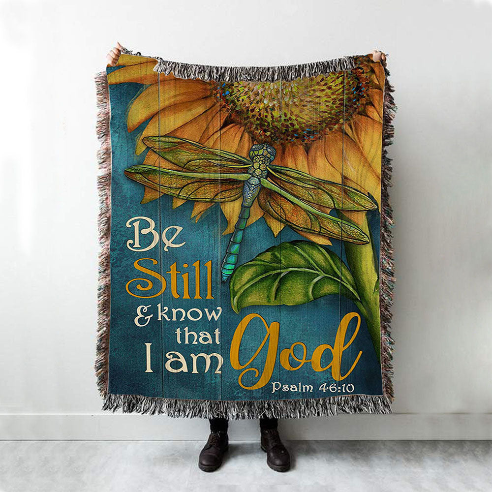 Be Still And Know That I Am God Sunflower Dragonfly Woven Blanket Art - Christian Art - Bible Verse Throw Blanket - Religious Home Decor