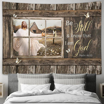 Be Still And Know That I Am God Tapestry - Jesus Wooden Cross White Butterfly Large Tapestry - Christian Wall Art - Bible Verse Tapestry Art