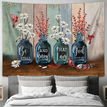 Be Still And Know That I Am God Tapestry - Red Apricot Blossom Daisy Flower Cardinal Large Tapestry - Christian Wall Art - Bible Verse Tapestry Art