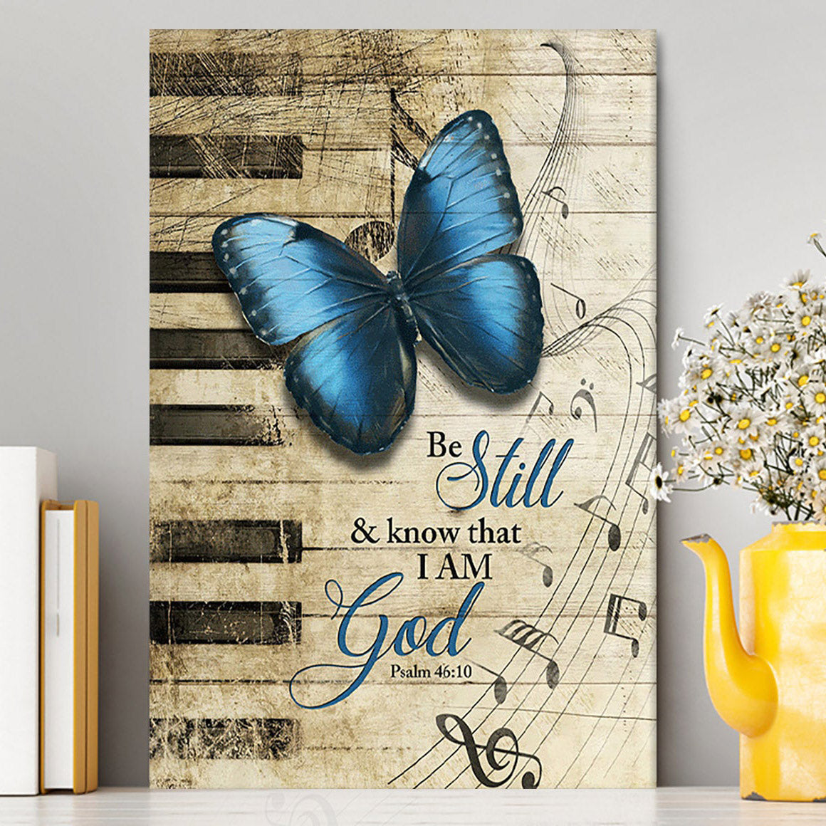 Be Still I Am God Blue Butterfly Piano Keys Canvas Wall Art - Bible Verse Canvas Art - Inspirational Art - Christian Home Decor