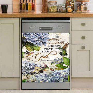 Be Still &amp; Know That I Am God Blue Hydrangea Hummingbird Dishwasher Cover, Bible Verse Dishwasher Magnet Cover, Christian Home Decor