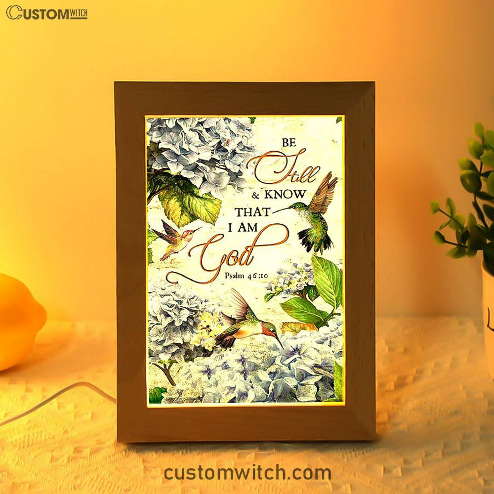 Be Still &amp; Know That I Am God Blue Hydrangea Hummingbird Frame Lamp Art - Bible Verse Wooden Lamp - Christian Home Decor