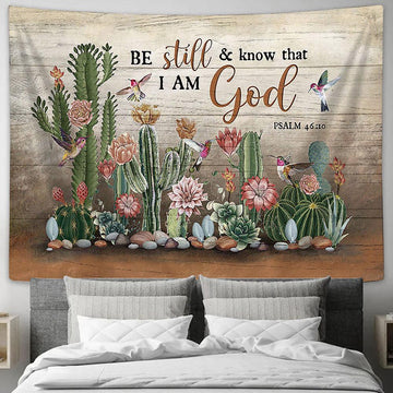 Be Still &amp; Know That I Am God Cactus Hummingbird Tapestry Wall Art - Bible Verse Tapestry - Religious Tapestry Wall Hanging
