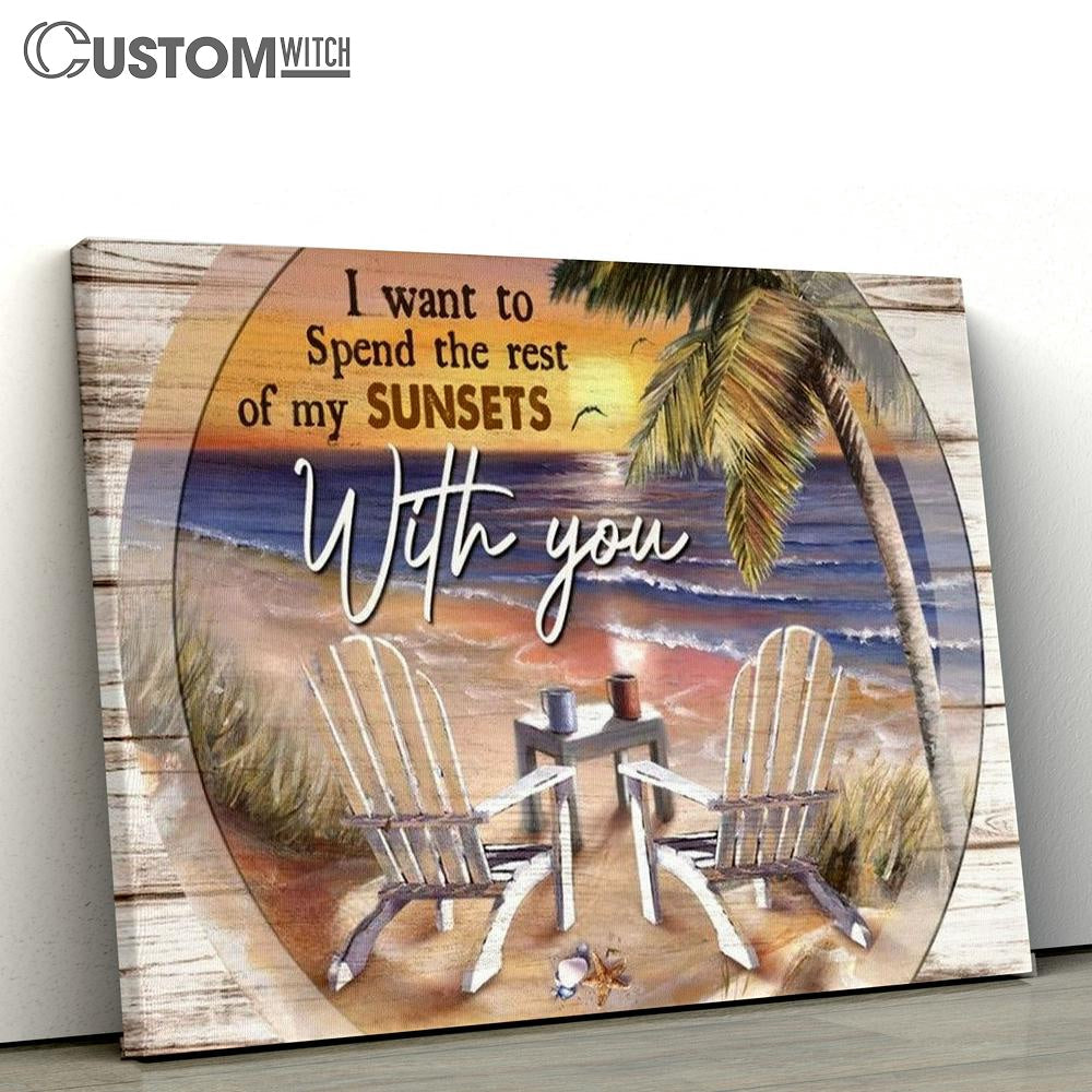 Beach Chairs, Palm Tree, Sunset Sky, Spend My Sunsets With You Canvas Poster