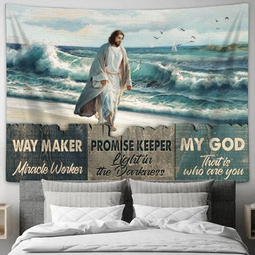 Beach Painting Walking With Jesus Way Maker Miracle Worker Tapestry, Tapestries for Living Room Bedroom