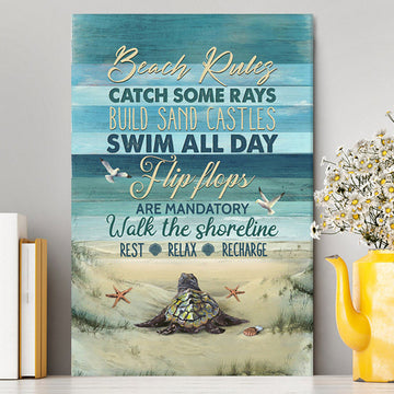 Beach Rules Baby Sea Turtle Sea Life Seagulls Canvas Wall Art - Christian Canvas Prints - Bible Verse Canvas Art