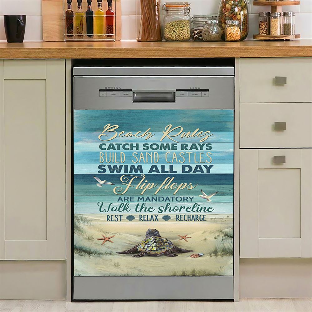 Beach Rules Baby Sea Turtle Sea Life Seagulls Dishwasher Cover, Christian Dishwasher Magnet Cover, Bible Verse Kitchen Decor