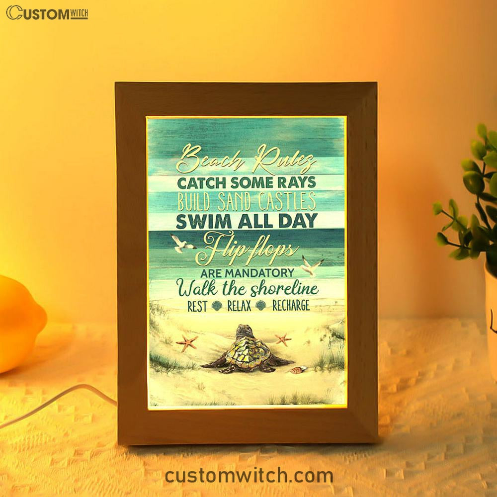 Beach Rules Baby Sea Turtle Sea Life Seagulls Frame Lamp Art - Christian Night Light - Bible Verse Wooden Lamp