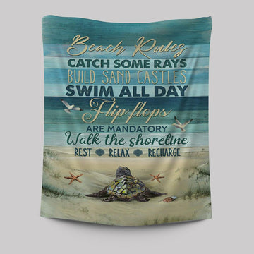 Beach Rules Baby Sea Turtle Sea Life Seagulls Tapestry Wall Art - Christian Tapestries Prints - Bible Verse Tapestry Art