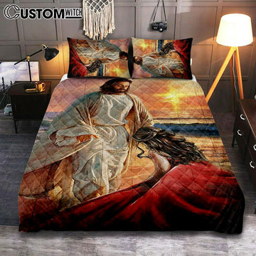 Beautiful Sunset Kneeling Before God Quilt Bedding Set Art - Bible Verse Bedroom