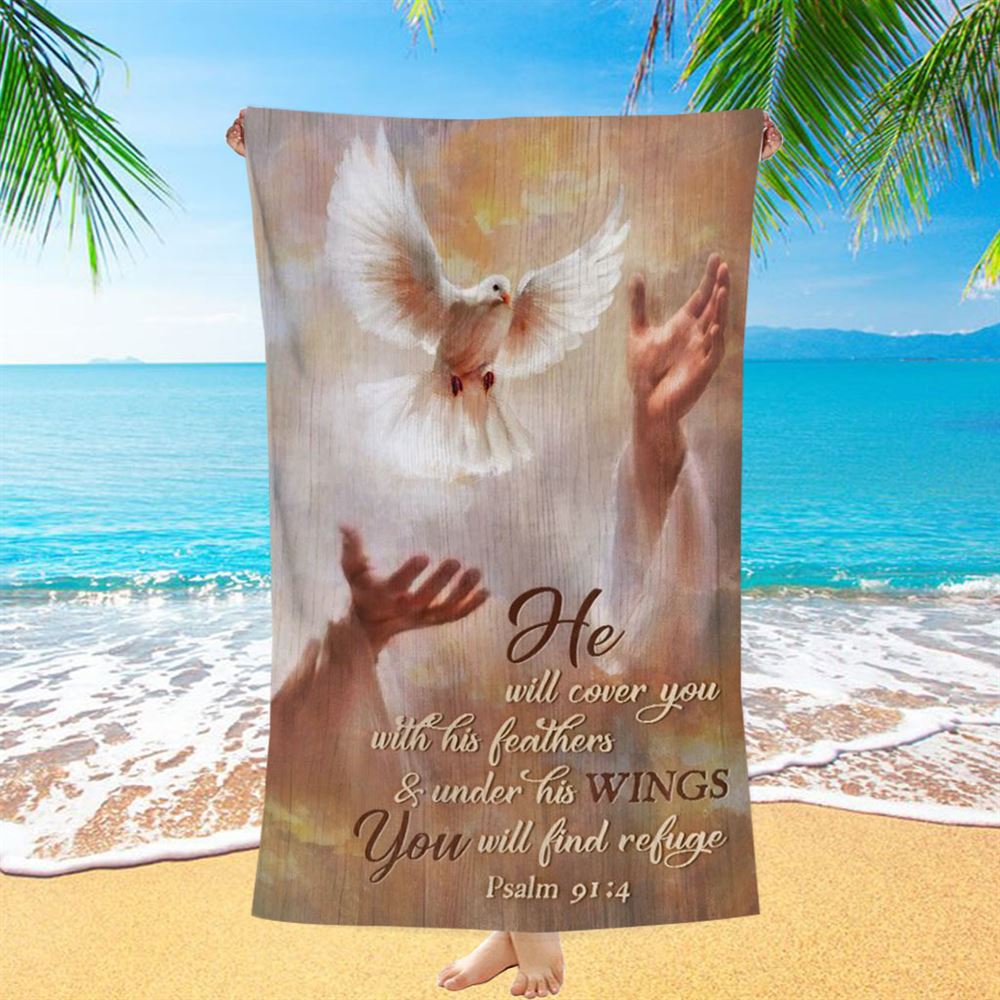 Beautiful Dove Drawing Jesus&#39;s Hand He Will Cover You With His Feathers Beach Towel, Christian Beach Towel, Christian Gift, Gift For Women