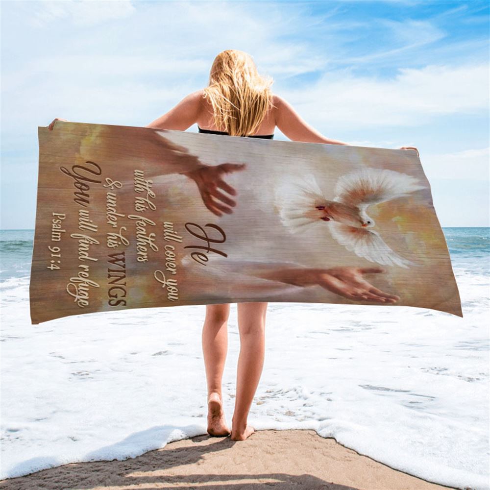 Beautiful Dove Drawing Jesus&#39;s Hand He Will Cover You With His Feathers Beach Towel, Christian Beach Towel, Christian Gift, Gift For Women
