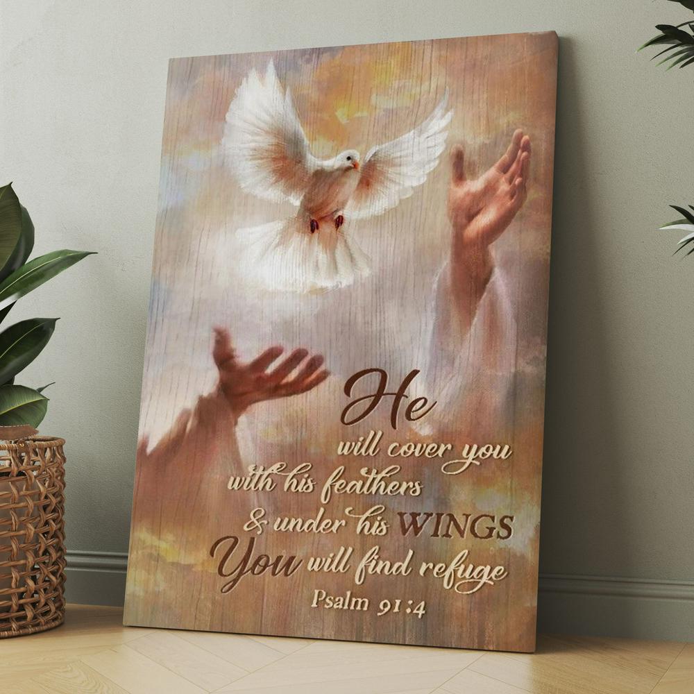 Beautiful Dove Drawing Jesus&#39;s Hand He Will Cover You With His Feathers Canvas, Christmas Gift for Christian