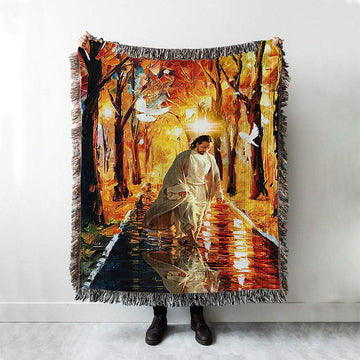 Beautiful Dove Jesus Walking In Forest Woven Blanket Art - Bible Verse Throw Blanket - Christian Inspirational Boho Blanket