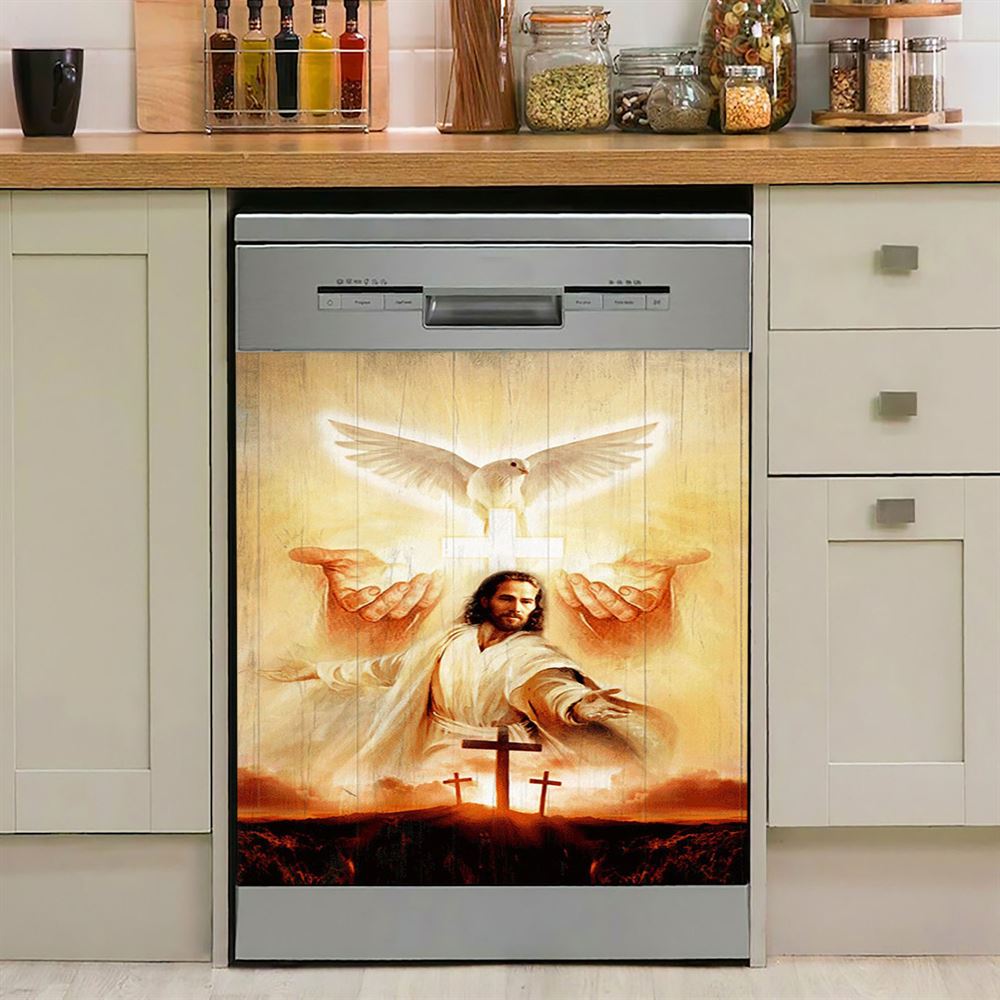 Beautiful Dove Pray For Healing Jesus&#39;S Hand Cross Symbol Dishwasher Cover, Bible Verse Dishwasher Magnet Cover, Inspirational Kitchen Decor
