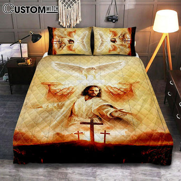 Beautiful Dove Pray For Healing Jesus&#39;s Hand Cross Symbol Quilt Bedding Set Bedroom - Bible Verse Quilt Bedding Set Art - Christian Home Decor