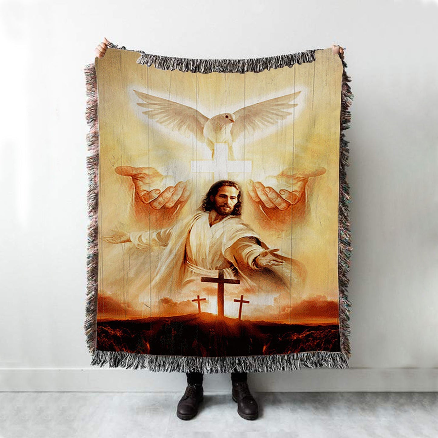 Beautiful Dove Pray For Healing Jesus&#39;s Hand Cross Symbol Woven Throw Blanket - Bible Verse Woven Blanket Art - Inspirational Art - Christian Home Decor