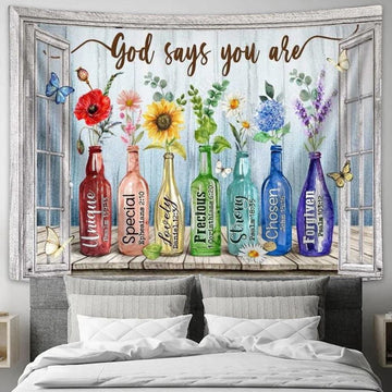 Beautiful Flowers, Rainbow Color, Colored Glass Bottles, God Says You Are Tapestry, Tapestries for Living Room Bedroom