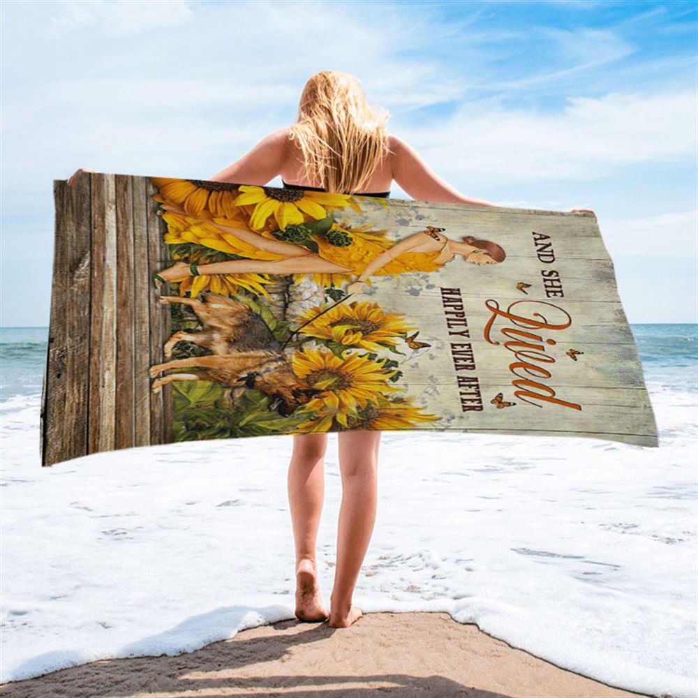 Beautiful Girl German Shepherd And She Lived Happily Beach Towel - Christian Beach Towel - Bible Verse Beach Towel