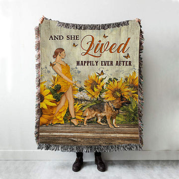 Beautiful Girl German Shepherd And She Lived Happily Woven Throw Blanket - Christian Woven Blanket Prints - Bible Verse Woven Blanket Art