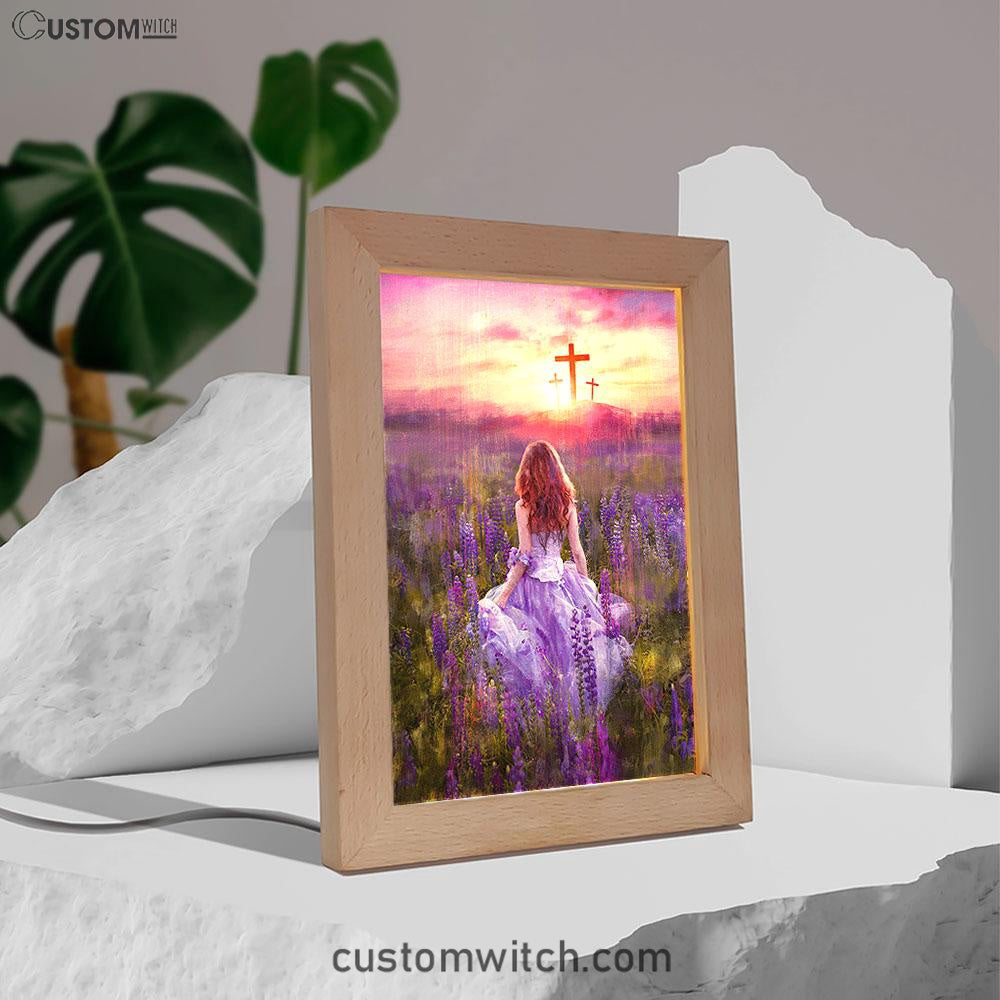Beautiful Girl In The Lavender Field Cross Frame Lamp Art - Christian Night Light - Bible Verse Wooden Lamp