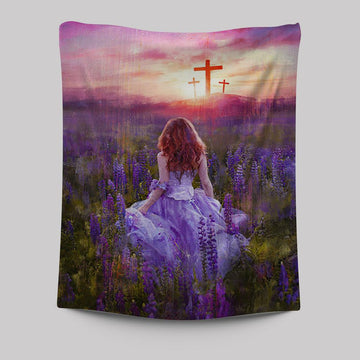 Beautiful Girl In The Lavender Field Cross Tapestry Wall Art - Christian Tapestries Prints - Bible Verse Tapestry Art